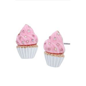 New in Box BETSEY JOHNSON Cupcakes Stud Earrings Pink White Rhinestones Dessert